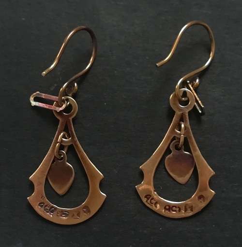 9CT GOLD DROP EARRINGS WITH HEARTS 24 X  14MM 0.72 GRAMS