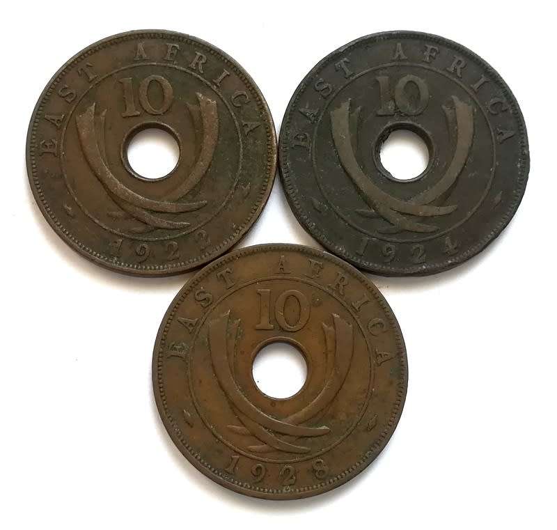 EAST AFRICA 1922+1924+1928 10 CENTS (3 COINS)