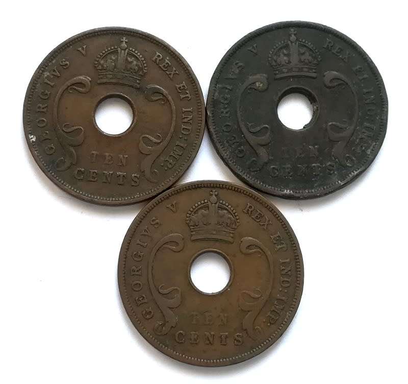EAST AFRICA 1922+1924+1928 10 CENTS (3 COINS)