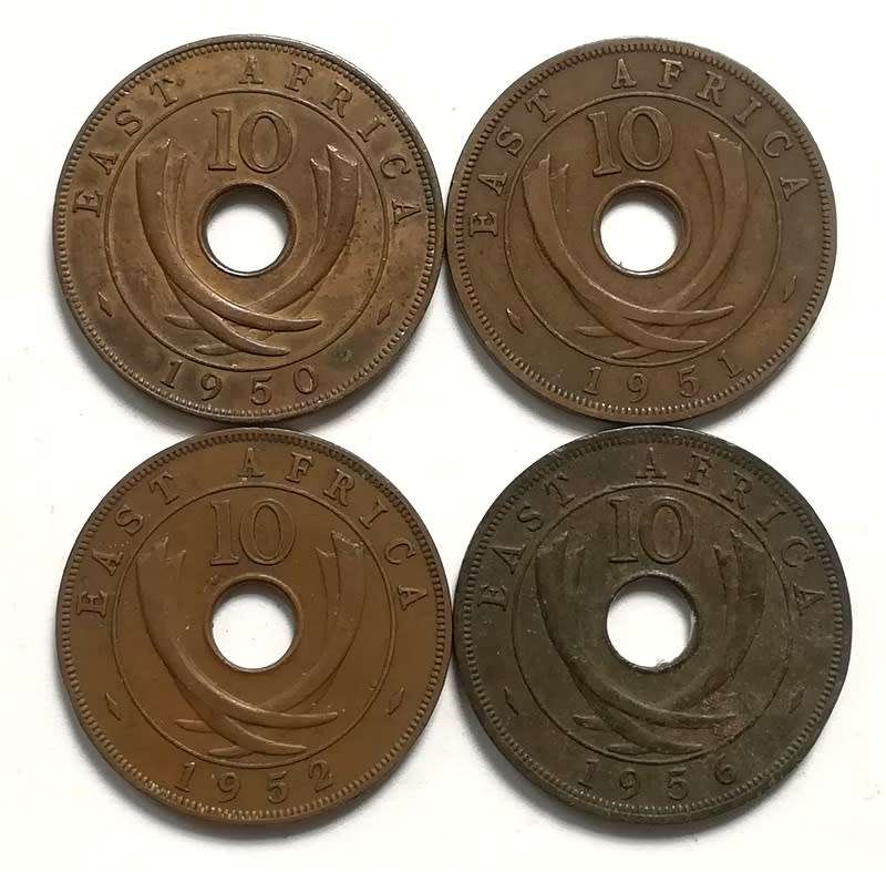 EAST AFRICA 1950+1951+1952+1956 10 CENTS (4 COINS)