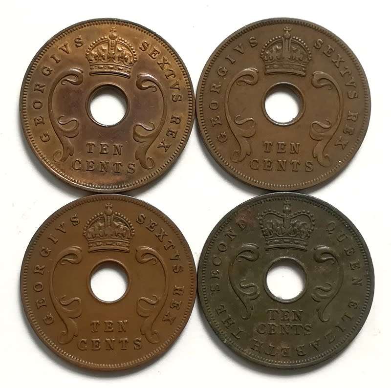 EAST AFRICA 1950+1951+1952+1956 10 CENTS (4 COINS)