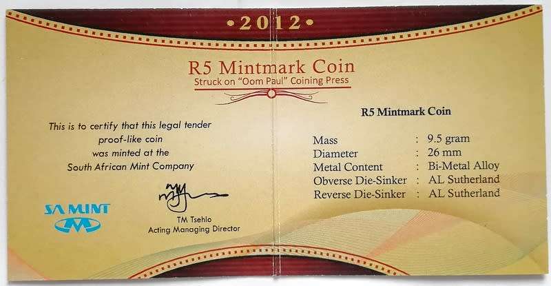 2012 S A M 5 RAND *STRUCK ON OOM PAUL COIN PRESS** PROOF-LIKE