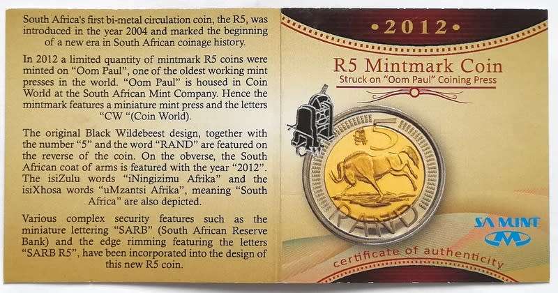 2012 S A M 5 RAND *STRUCK ON OOM PAUL COIN PRESS** PROOF-LIKE