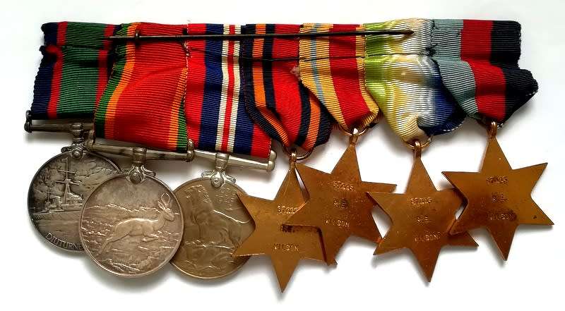 WW2 SET OF 7 SOUTH AFRICAN NAVY MEDALS AWARDED TO 67445 R E WILSON S A N FULL SIZE