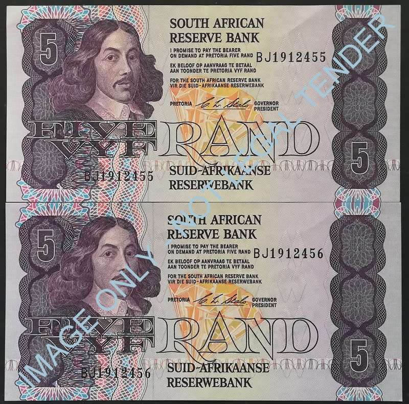 C L STALS 5 RAND NOTE 1ST ISSUE (2 NOTES SEQUENCE)