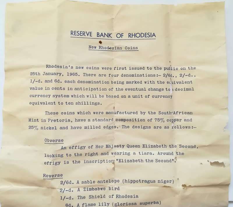 RHODESIA 1965 COIN SET S A M *BOX AND PAPERS*