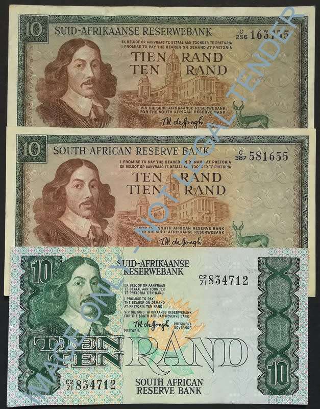 T W DE JONGH 10 RAND 1ST + 3RD + 4TH ISSUE (3 NOTES)