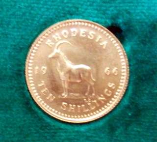 RHODESIA GOLD TEN SHILLING 1966 ANTELOPE IN ORIGINAL GREEN LEATHER RESERVE BANK OF RHODESIA BOX