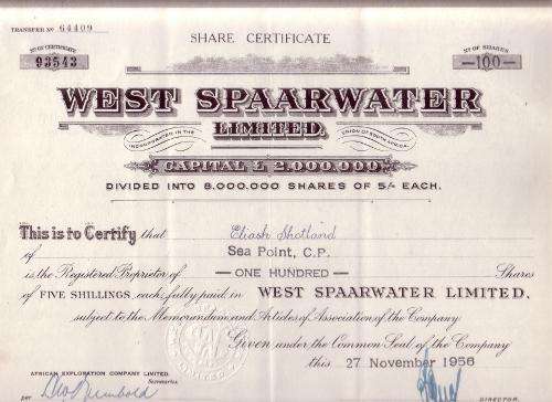 Share Certificate - West Spaarwater Ltd