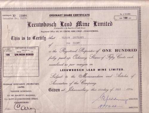 Share Certificate - Leeuwbosch Lead Mine