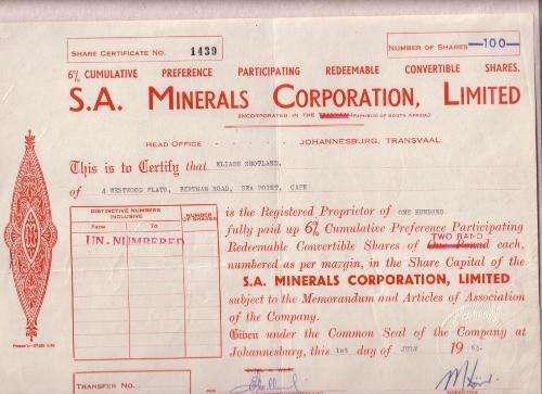 Share Certicate - S.A. Minerals Corporation Ltd