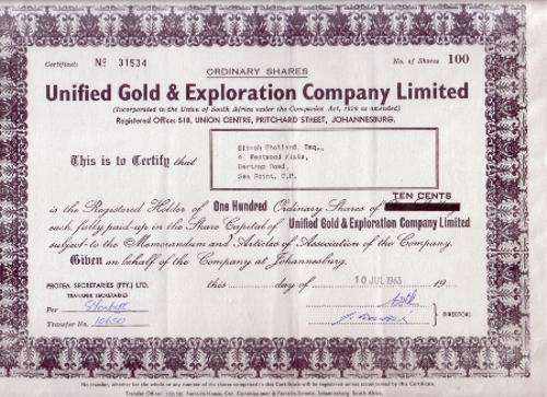 Share Certificate - Unified Gold & Exploration Company Limited