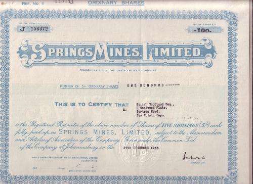 Share Certificate - Springs Mines Ltd