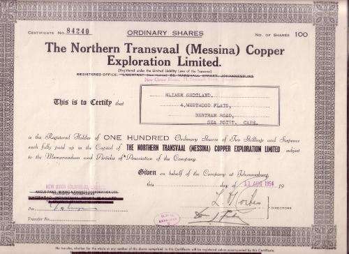 Share Certificate - The Northern Transvaal Copper Exploration Ltd