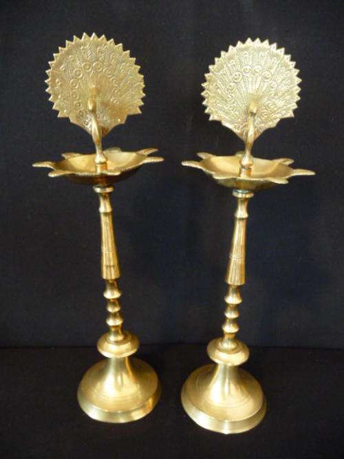 Set of Vintage Indian Brass Peacock Oil Lamps - Verry Pretty when in use