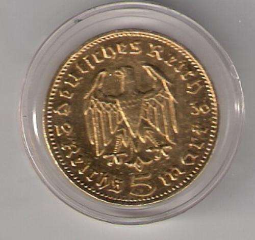 Deutsches Reich 1936 Nazi 5 Reichsmark 24k Gold Plate - Proof