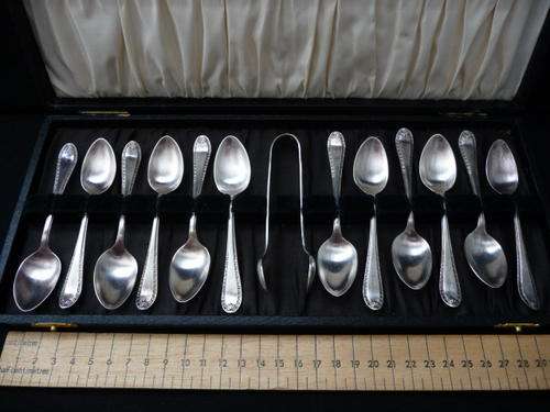 Antique Set of 12 A1 Plate Spoons Plus Sugar Tong in Original Box