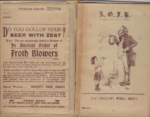 Ancient Order of Froth Blowers membership booklet with membership no. 229884