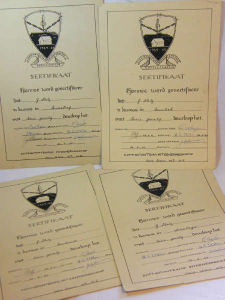 Lot of 4 certificates issued in 1943 to J. Stolz in The Koffiefontein Internment Camp