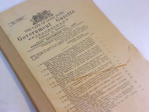 Cape of Good Hope Government Gazette extraordinary 23 Sept 1888 - fragile pages - some damage
