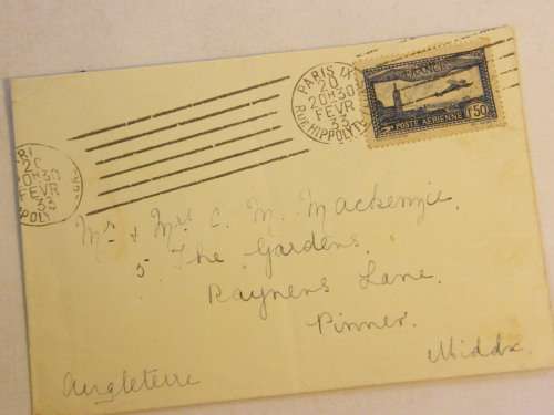 Letters from Paris, France to Pinner, England with French 1F50 stamp cancelled 20 Feb 1933