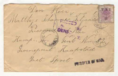 P.O.W. Postal cover from Kroonstad, Orange Free State to P.O.W. Camp Greenpoint, Cape Town