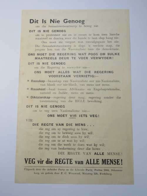 1950's Pamphlet issued by the Labour & Liberal parties in South Africa to fight the senate bill