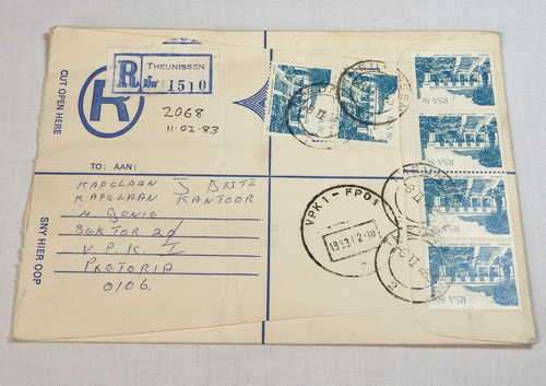 Registered letter from Theunissen to Pretoria with Field Post Office 1 cancel 10 Feb 1983