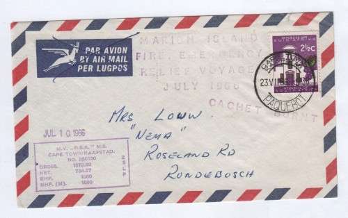 Marion Island emergency relief voyage July 1966 cover - Posted at sea to Rondebosch, South Africa