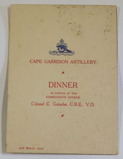 WW1 Cape Garrison Artillery Dinner menu in honour of commanding officer Colonel