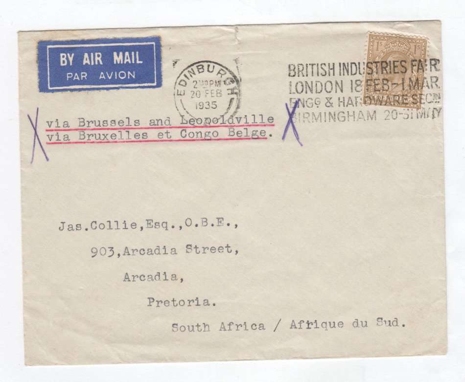 Airmail Cover send from Edinburgh, Scotland to Pretoria, South Africa via Brussels and Leopoldville