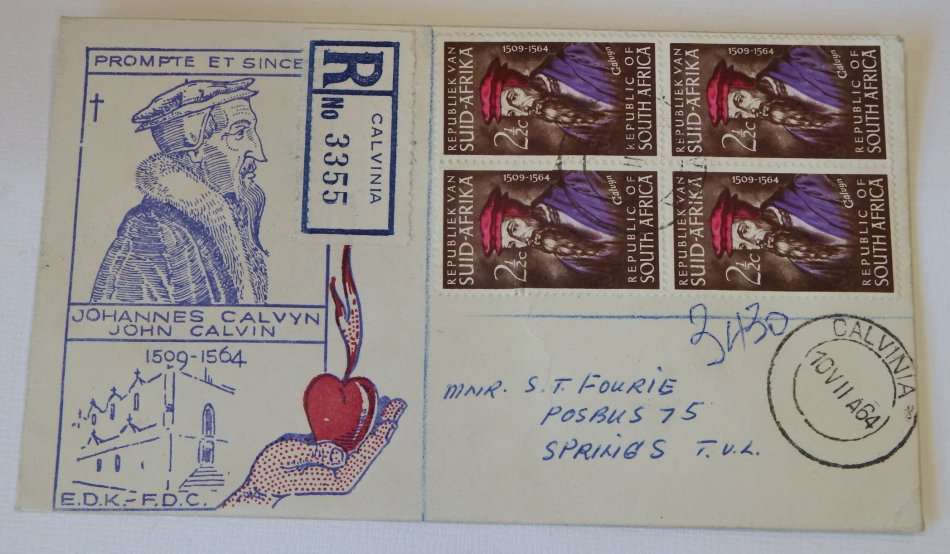 10-12-1964 Johannes Calvyn first day cover with 4 stamps - Cancelled in Calvinia