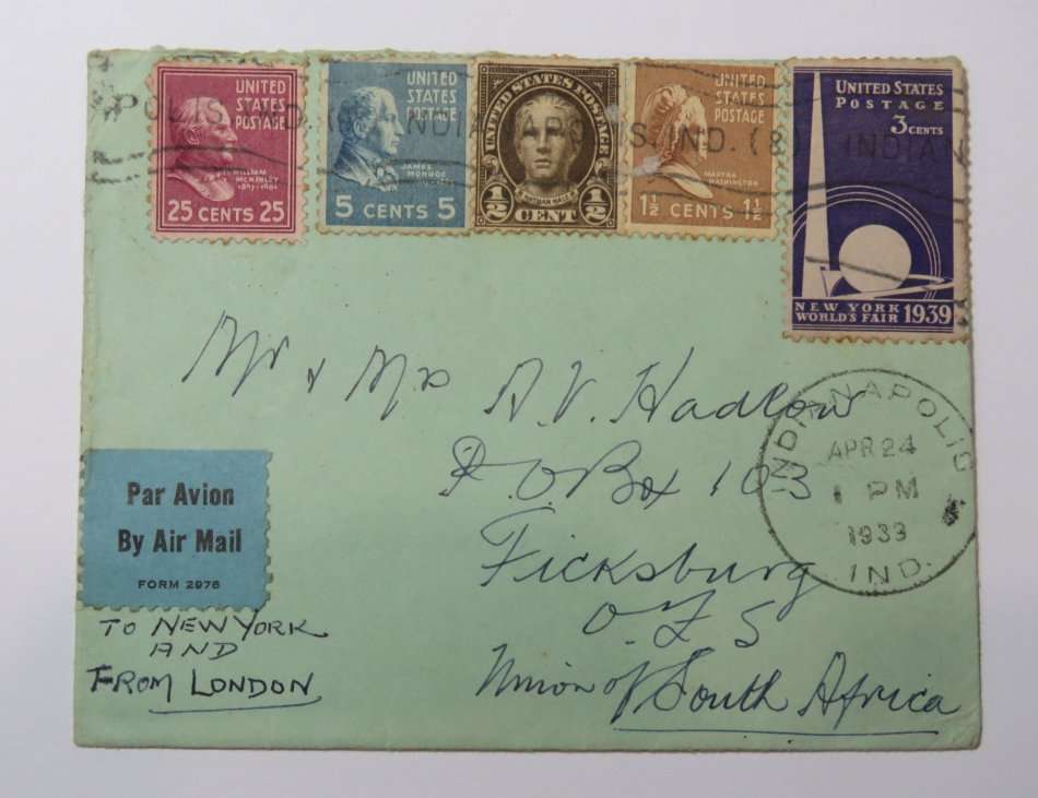Airmail postal cover sent from Indianapolis, USA to Ficksburg, South Africa