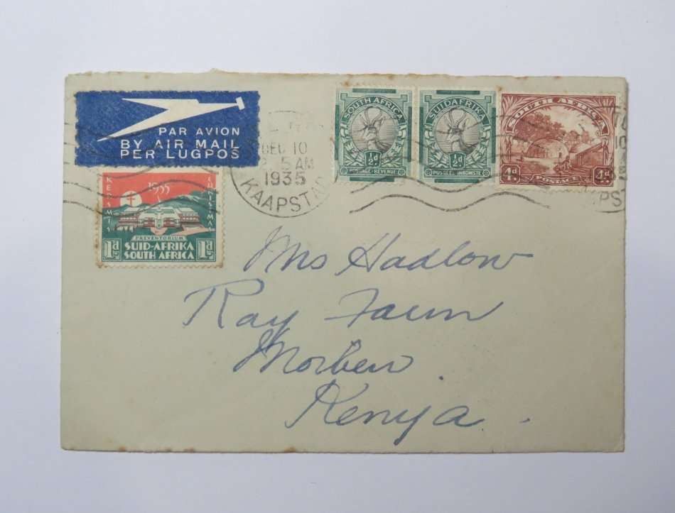 Airmail cover from Cape Town, South Africa to Moiben, Kenya - With 3 South Africa stamps