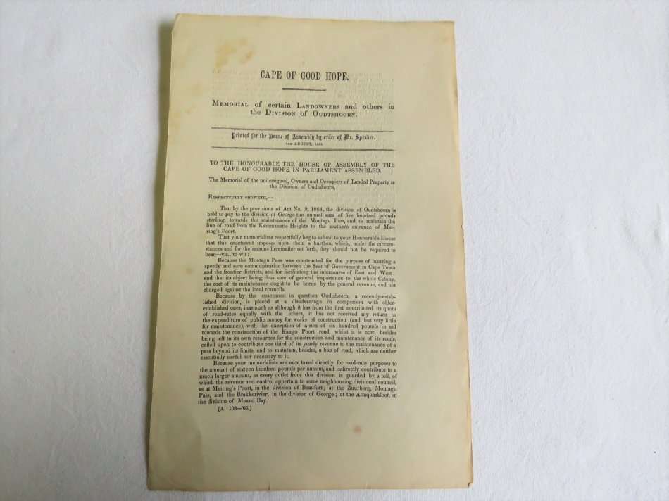 1865 Cape of Good Hope original memorial of certain Oudtshoorn land owners to Parliament