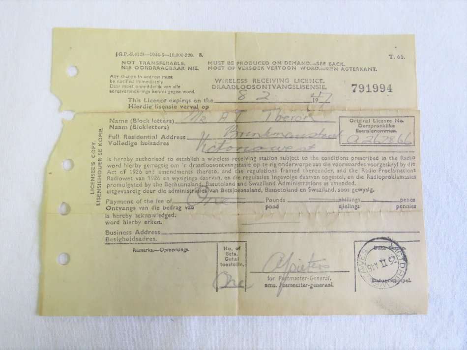 1947 Radio Licence in the amount of 1 pound - Issued in Victoria West
