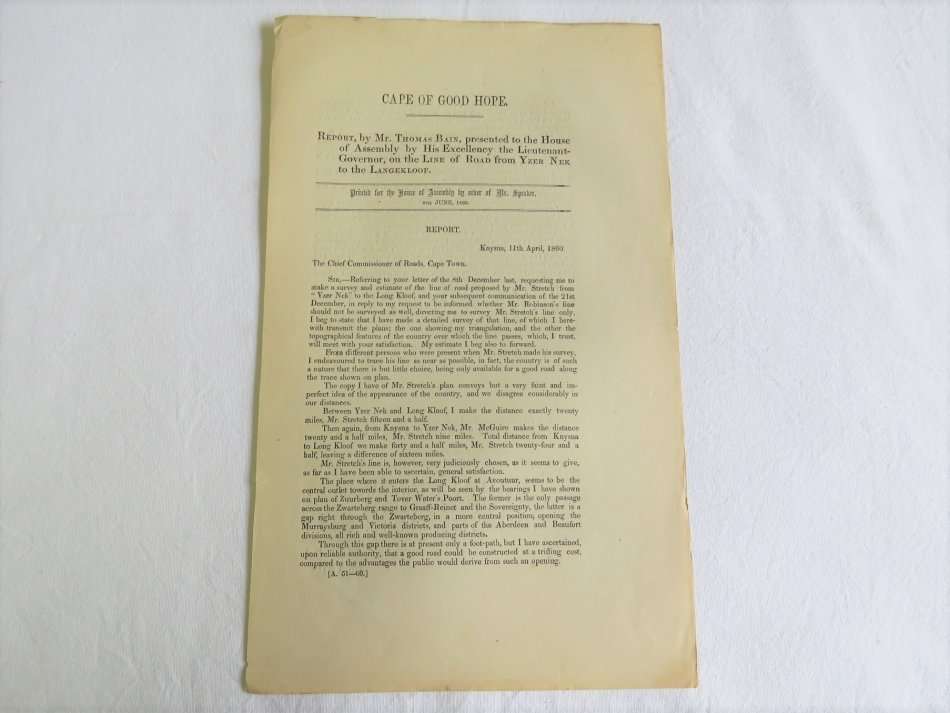 1860 Cape of Good Hope report by Mr. Thomas Bain on the line of road from Yzer Nek to the Langekloof