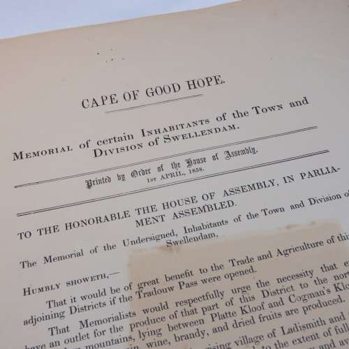 1858 Cape of Good Hope memorial to the House of Assembly by certain inhabitants of Swellendam