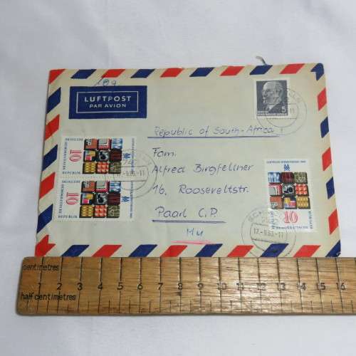 Postal History - Airmail cover Schmolln, DDR to Paar, South Africa with 4 DDR stamps on front