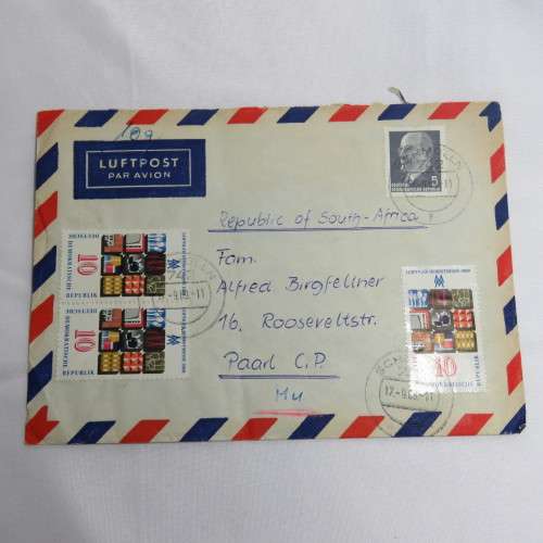 Postal History - Airmail cover Schmolln, DDR to Paar, South Africa with 4 DDR stamps on front
