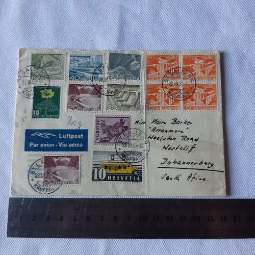 Airmail cover from St. Gallen to Johannesburg, South Africa with 13 Switzerland stamps