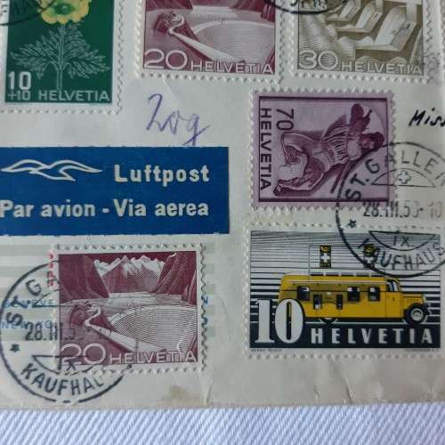 Airmail cover from St. Gallen to Johannesburg, South Africa with 13 Switzerland stamps