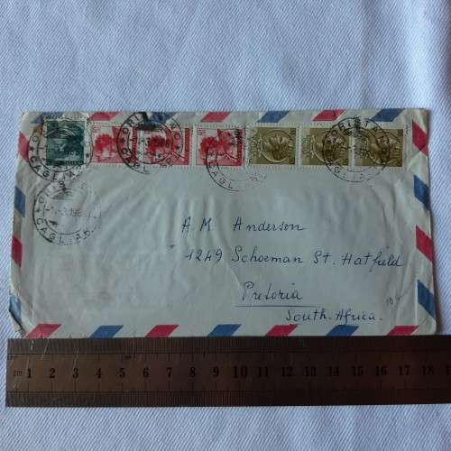 Postal cover from Oristano to Pretoria, South Africa with 1x20Lire, 3x40Lire, 3x50Lire stamps