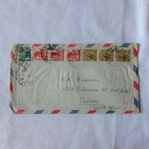Postal cover from Oristano to Pretoria, South Africa with 1x20Lire, 3x40Lire, 3x50Lire stamps