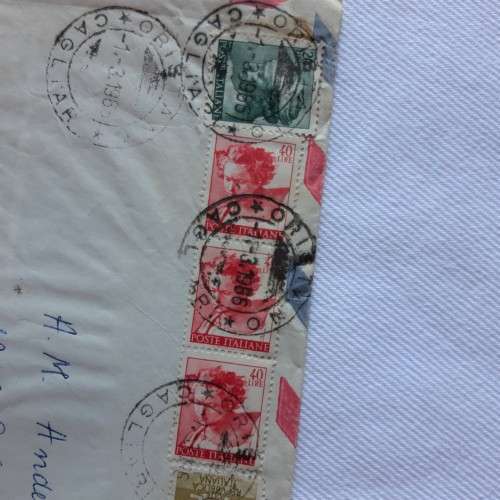 Postal cover from Oristano to Pretoria, South Africa with 1x20Lire, 3x40Lire, 3x50Lire stamps