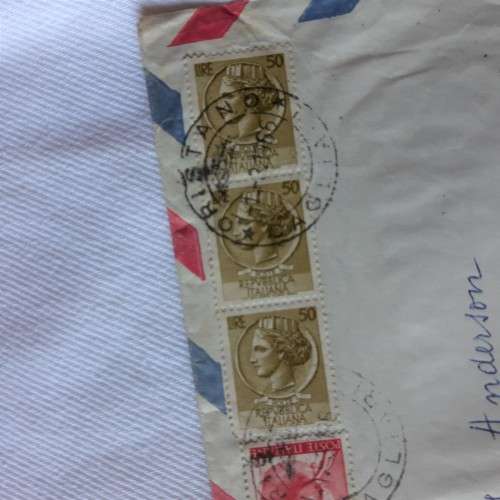 Postal cover from Oristano to Pretoria, South Africa with 1x20Lire, 3x40Lire, 3x50Lire stamps