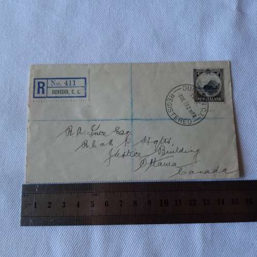 Registered postal cover from Dunedin, New Zealand to Ottawa, Canada with 4d New Zealand stamp