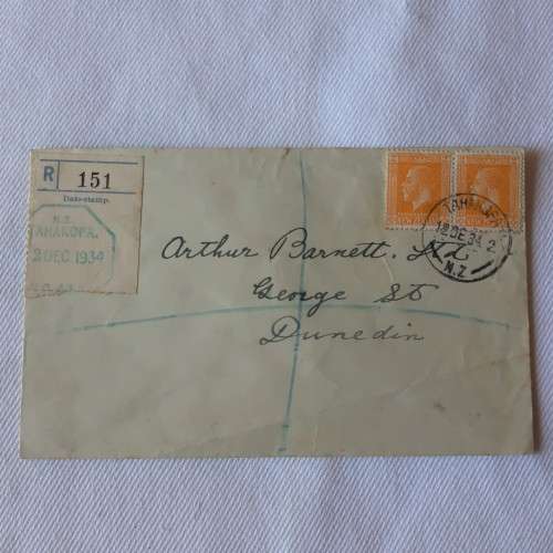 Registered postal cover from Tahakopa, New Zealand to Dunedin, New Zealand with 2x2d stamps