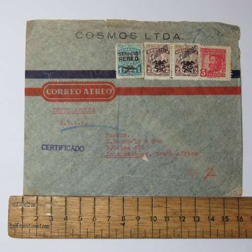 Airmail cover from Uruguay, South America to Johannesburg, South Africa