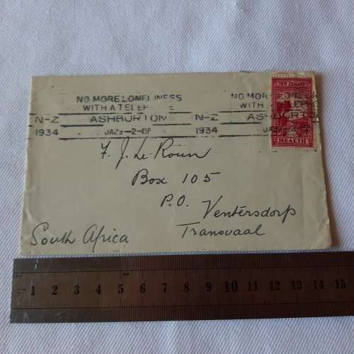Postal cover from Ashburton, New Zealand to Transvaal, South Africa with 1d New Zealand stamp - 1934